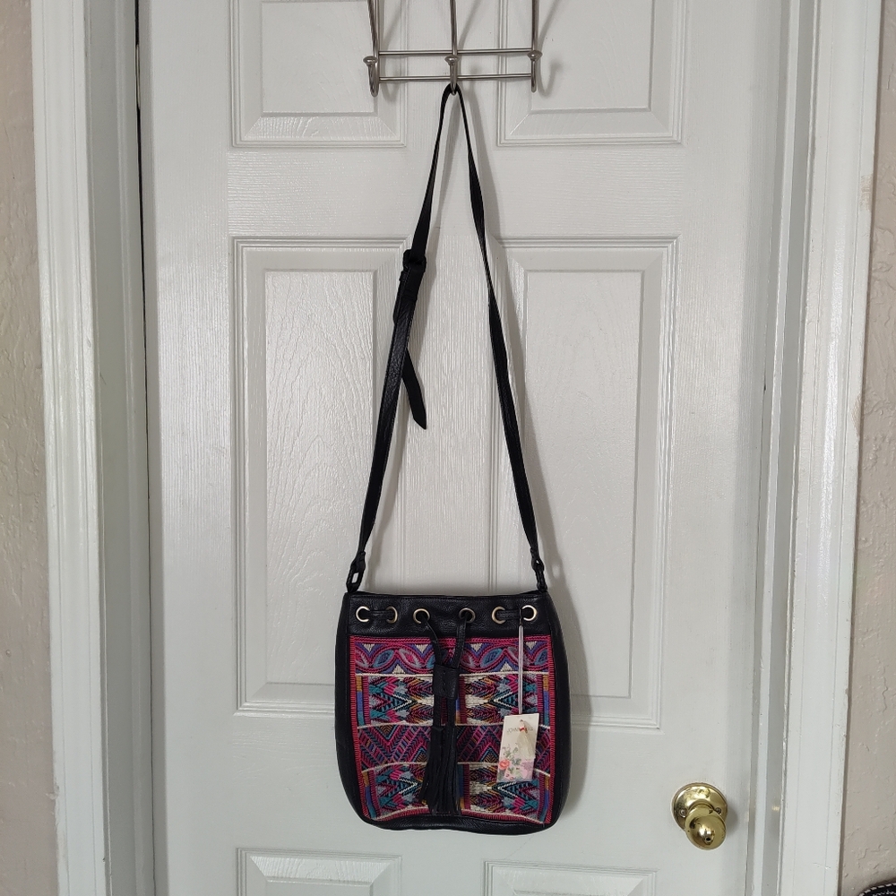 NWT Johnny Was Black Leather Tribal Embroidered Bag